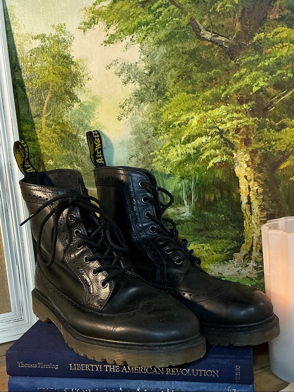 Dr. Martens Black Leather Lace-Up Combat Boots with Yellow Heel Loop